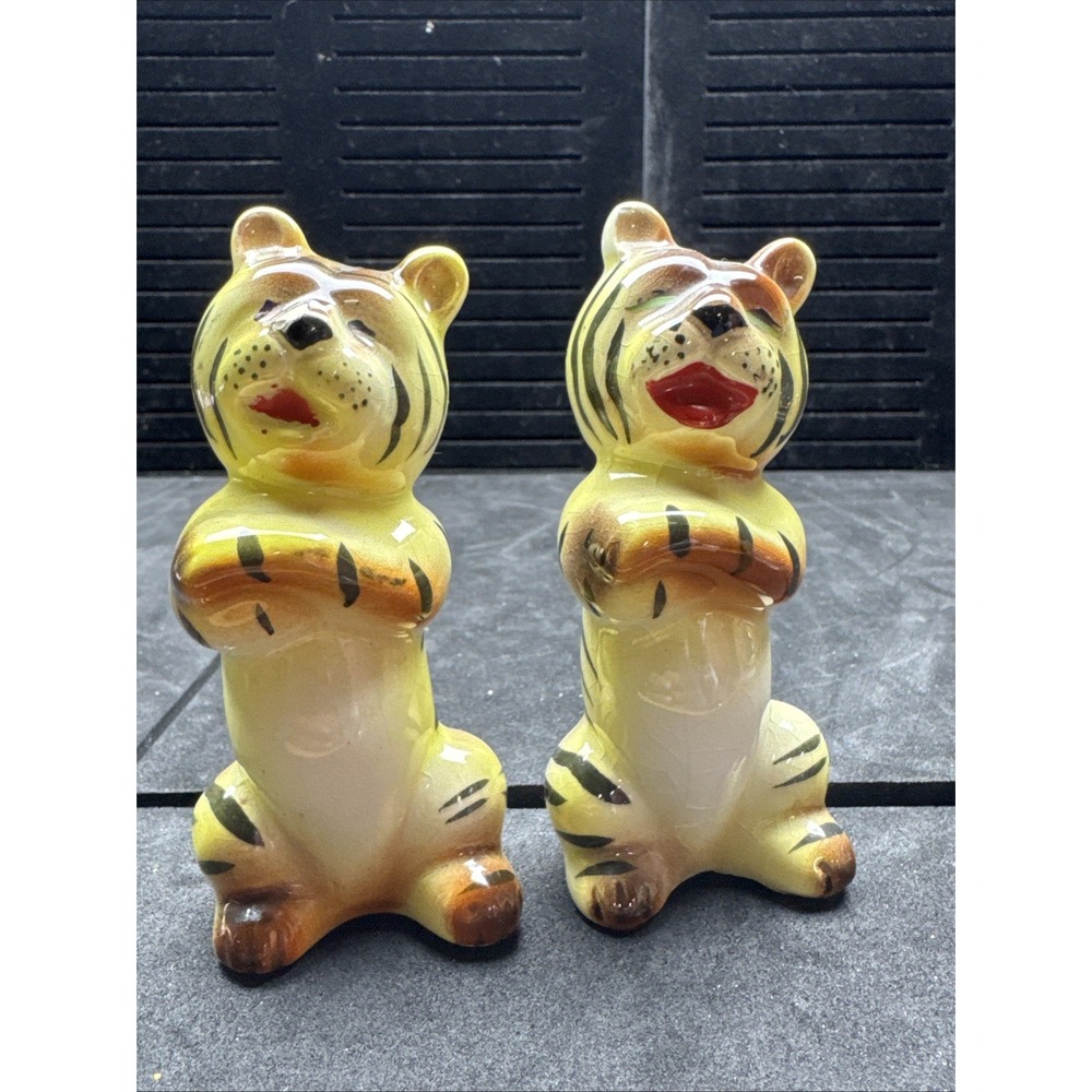 Vintage Salt and Pepper Shakers - Yellow Striped Tigers. One Has A Small Chip